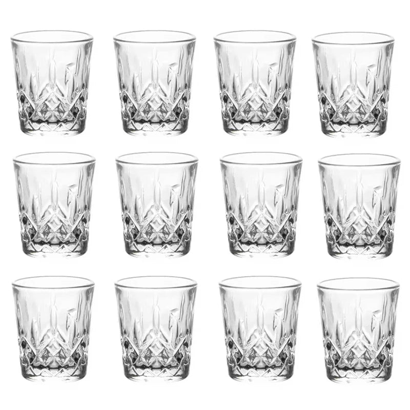 12pcs/8pcs/6pcs/4pcs/2pcs Embossed Glass 50ml Spirits Cups Engraved Tea Drinking Baijiu Cup Water Glass Small Capacity Wine Cup