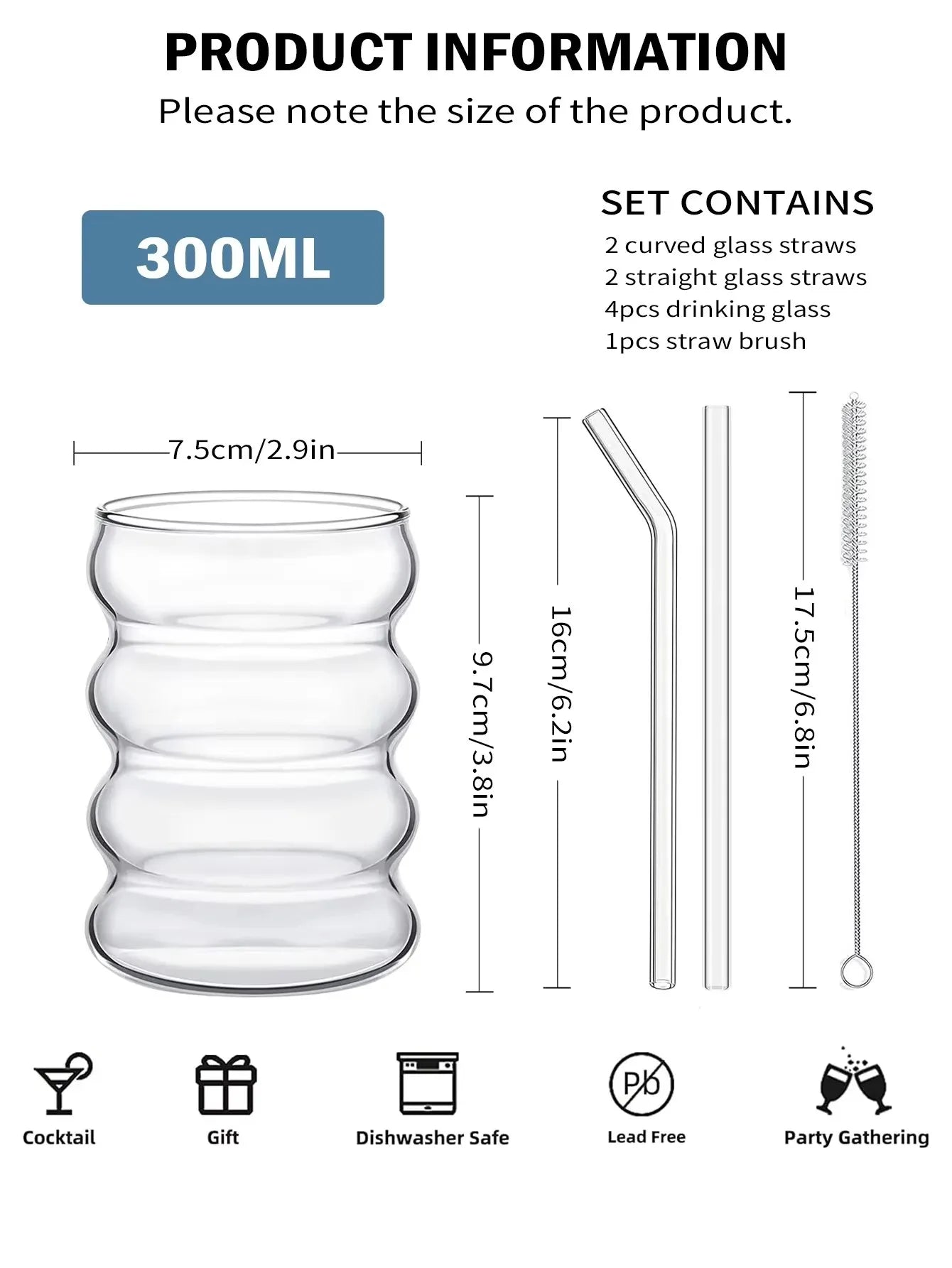 2/4PCS Wave Shape Beverage Glasses With Straws Vintage Glass Cups Ripple Drinking Glasses for Wine Champagne Milk Coffee Cup