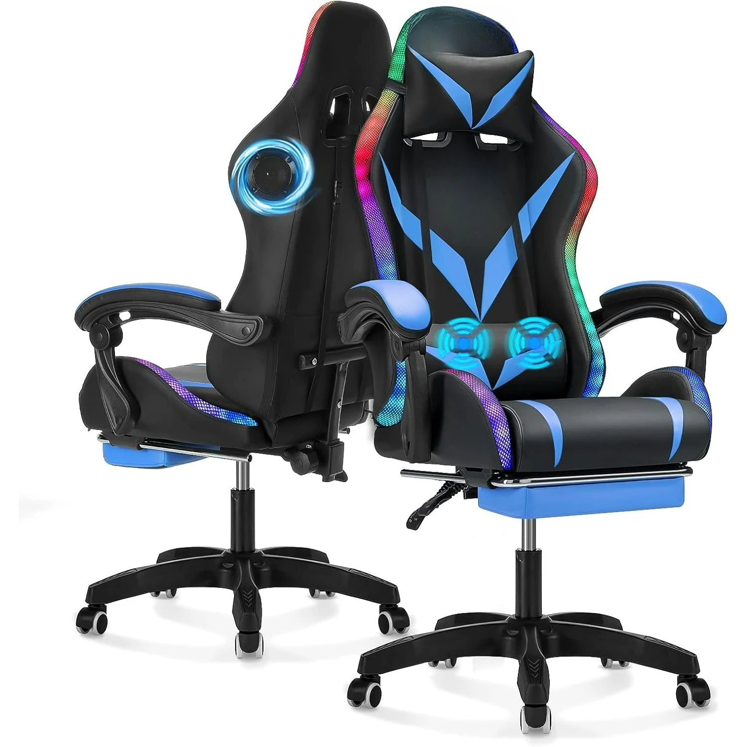 Gaming Chair with Bluetooth Speakers and RGB LED Lights Ergonomic Massage Computer Gaming Chair  Blue and Black