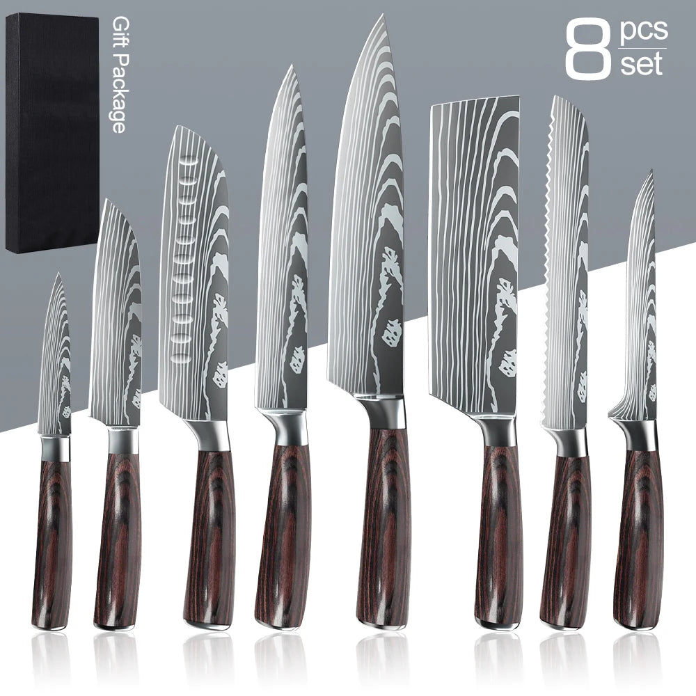 MDHAND 1-10PCS Chef knife Japanese Kitchen Knives Set Professional Laser Damascus Pattern Stainless Steel Cleaver Slicer Knife