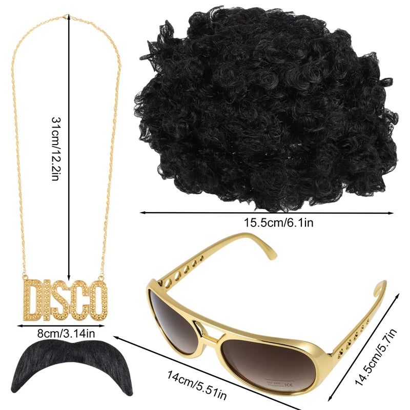 Halloween Party Hip Hop Disco Costume Funky Afro Wig Sunglasses Mustache Stick Letter Peace Sign Necklace for 90s Theme Party
