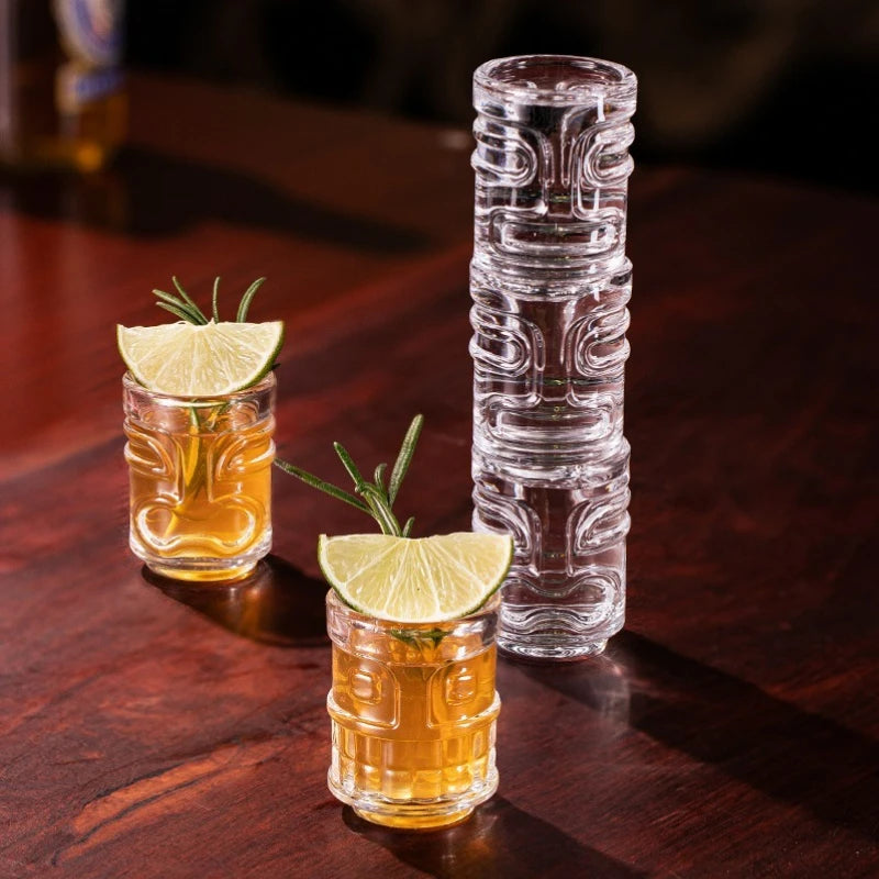 Creative Mini Tiki Glass Cup Shot Glasses Stacking Cups Cocktail Glass Tiki Cup Set With 6 Holes Tray Tiki Bar Accessories