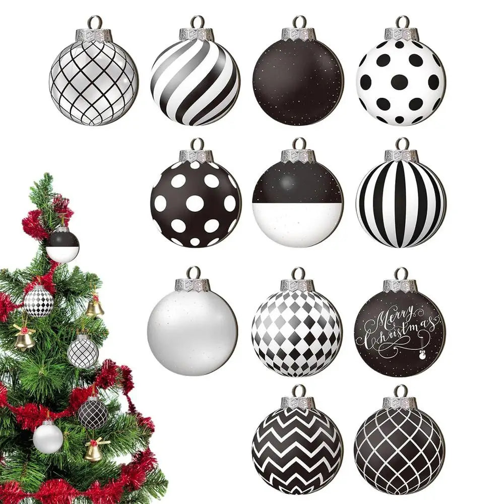 12pcs 8cm Christmas Balls Ornaments Funny Wooden Shatterproof Christmas Tree Decorations black white ball Christmas Decor