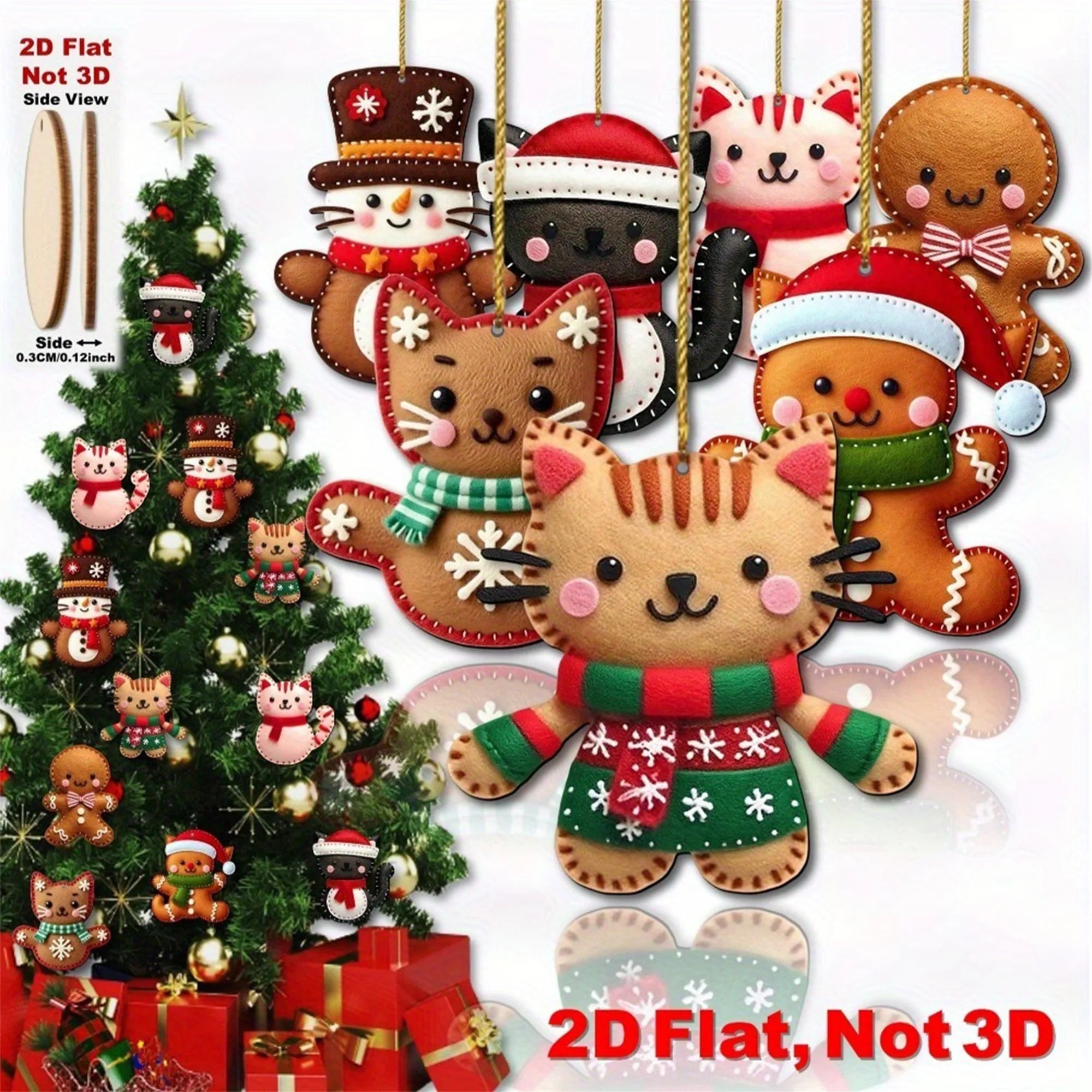 Wooden Christmas Cat Ornaments - Festive 2D Flat Hanging Decorations for Home Office and Holiday Celebrations - Set of 6