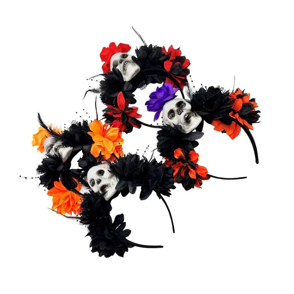 Dark Skull Head Headband Halloween Decor Bat Halloween Skull Headband Simulation Flowers Gothic Day of The Dead Headband Party