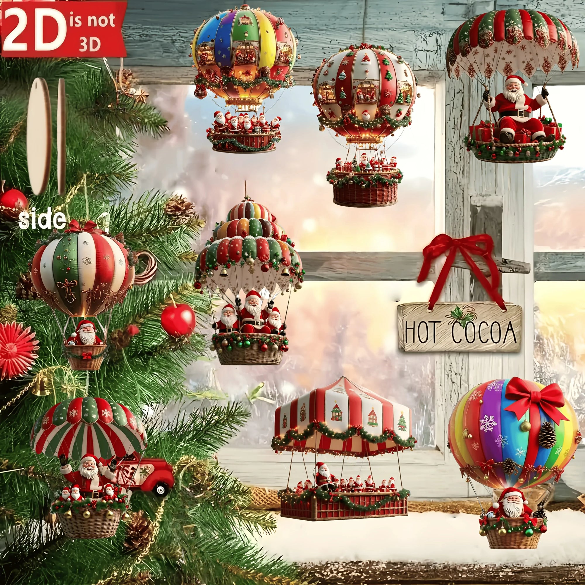 12Pcs Christmas Wooden Hot Air Balloon Santa Claus 2D Flat Wooden Pendant Christmas Tree Decoration Perfect Holiday Gift Decor