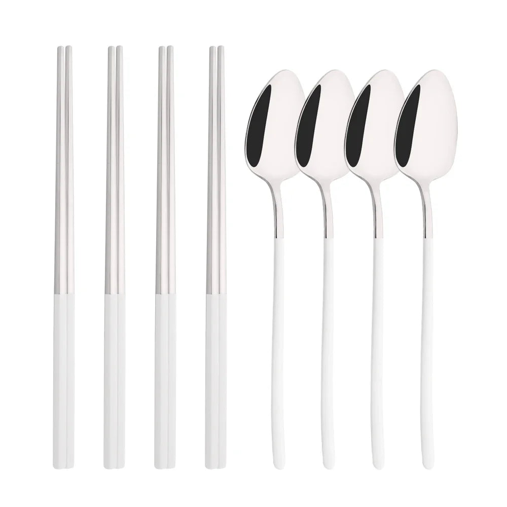 Korean 8Pcs Tableware Set High Quality Stainless Steel Dinner Set Black Gold Luxury Dinnerware Spoon Chopsticks Cutlery Set