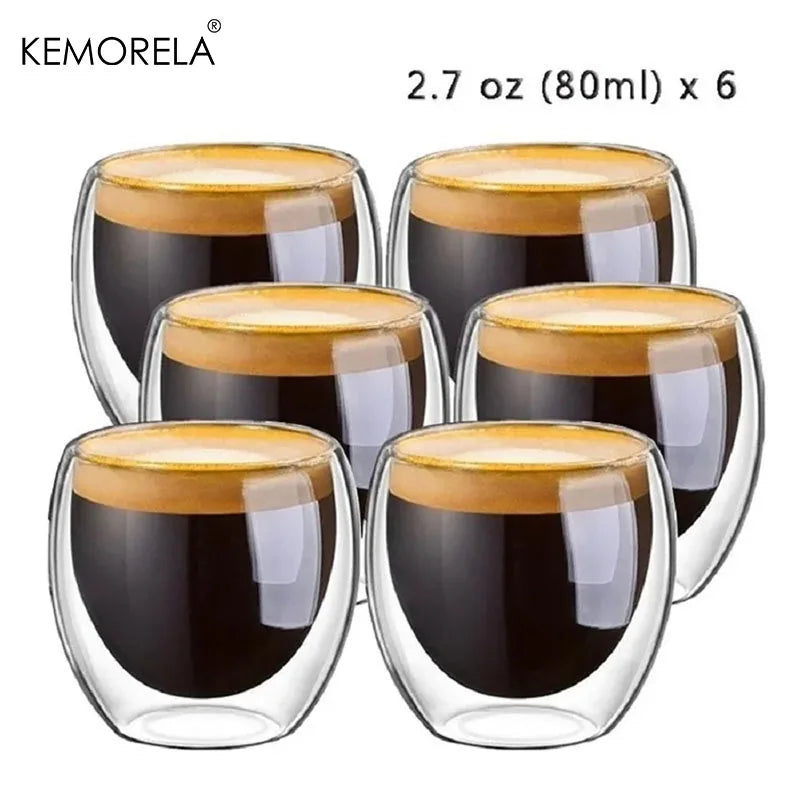 6PCS 80ML/2.7OZ Set High Borosilicate Double-Layer Coffee Cups Creative Transparent Insulated Espresso Water Drink Glass Cups