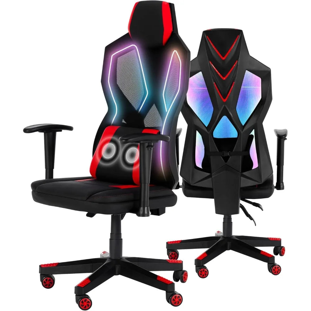 Gaming Chair with RGB LED Lights, Video Game Chair Ergonomic Computer Gamer Chair with Massage Lumbar Support (Red)