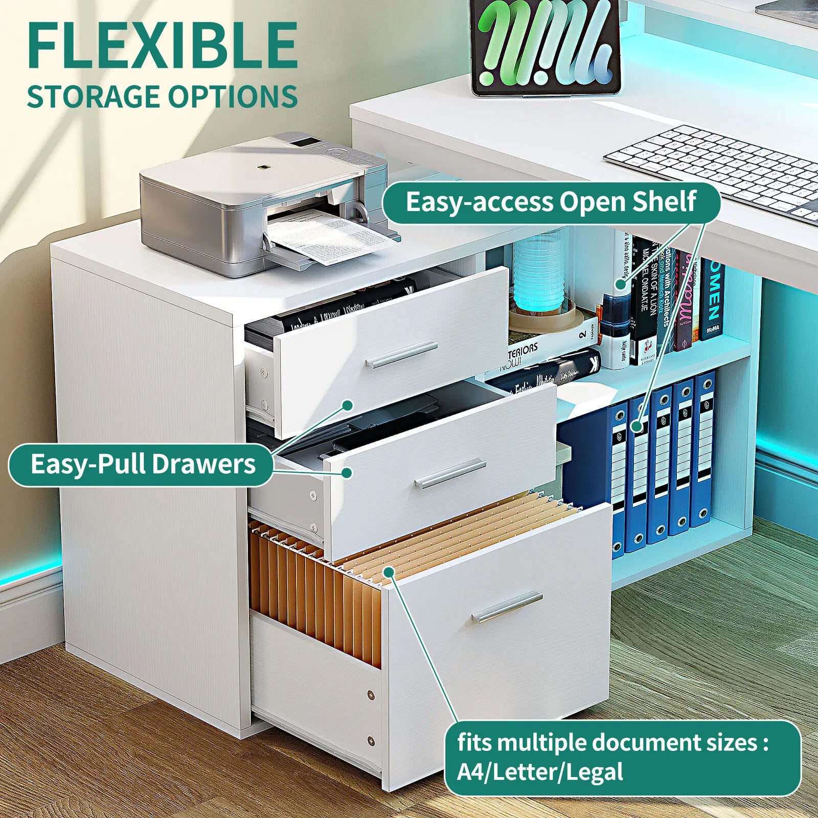 L-Shaped Gaming Computer Desk Home Office Desk File Drawers