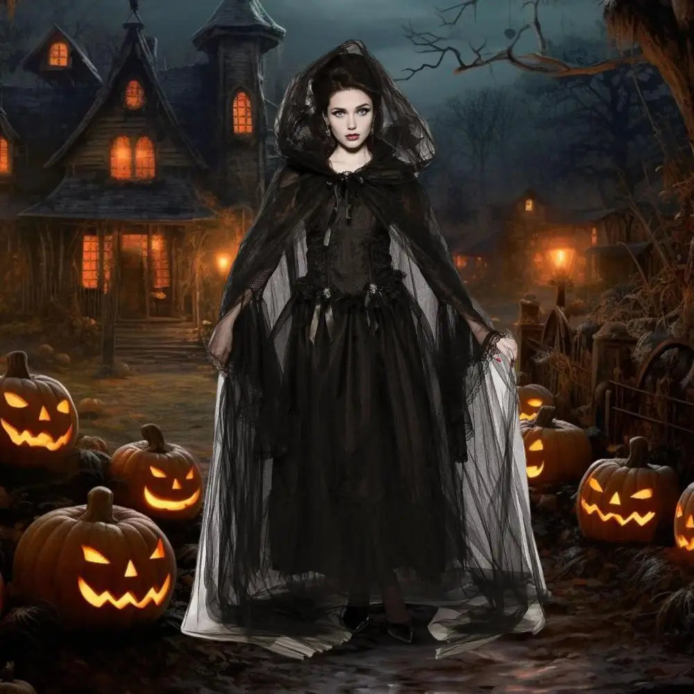 Halloween Ghost Cosplay Costume Cloak Adult Hooded Lace-up Witch Cloak Costume Full-Length Sheer Cape with Oversized Hood