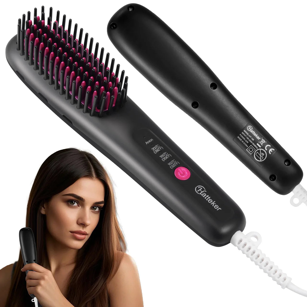 Hair Straightening Brush Portable Home Negative Ion Straightener with Multi-Heat Settings 3-Temp Ceramic Damage-Free Styling