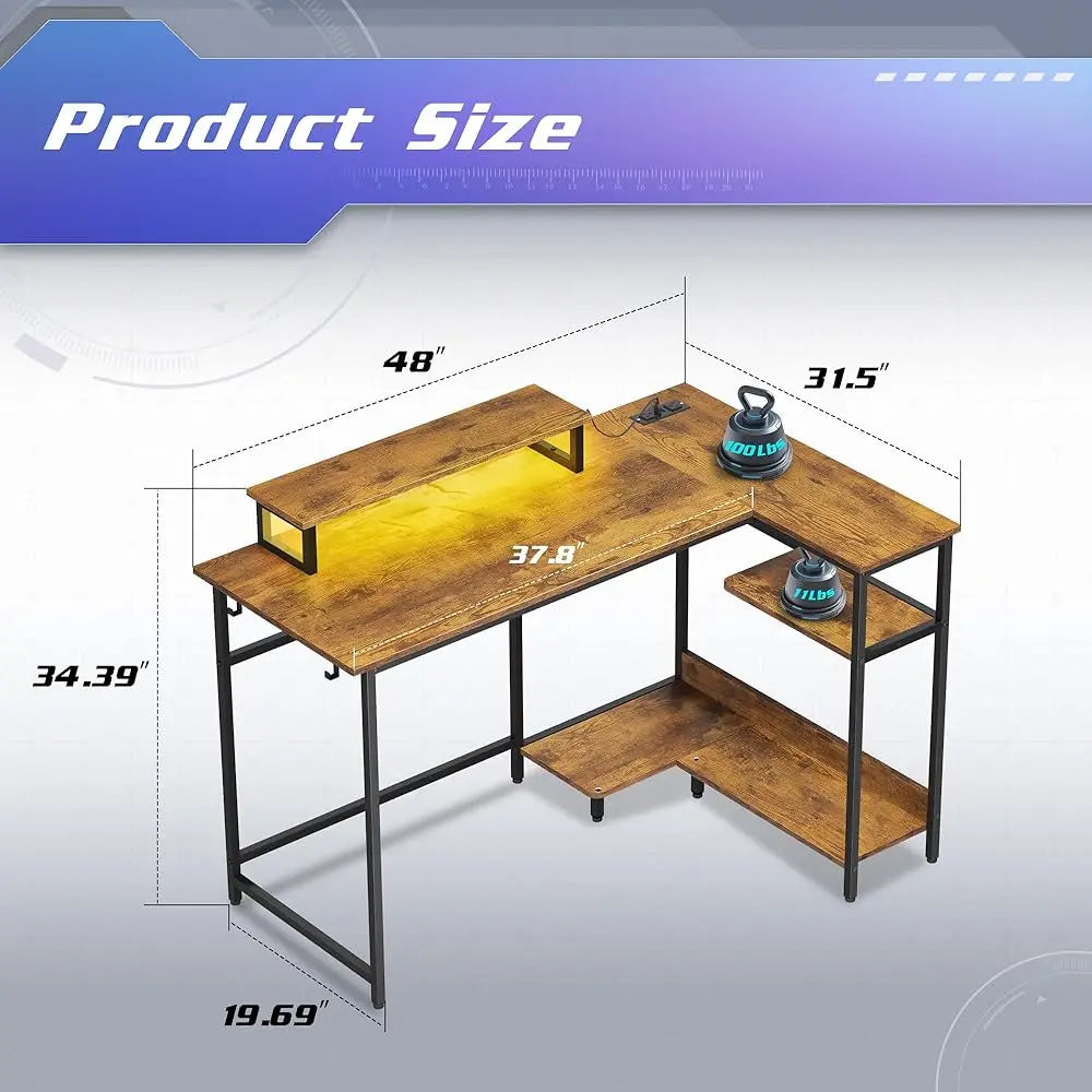 Gaming L Shaped Desk With Power Outlets & Led Lights, 47Inch Computer Desk With Monitor Stand & Hook, Corner Home Office