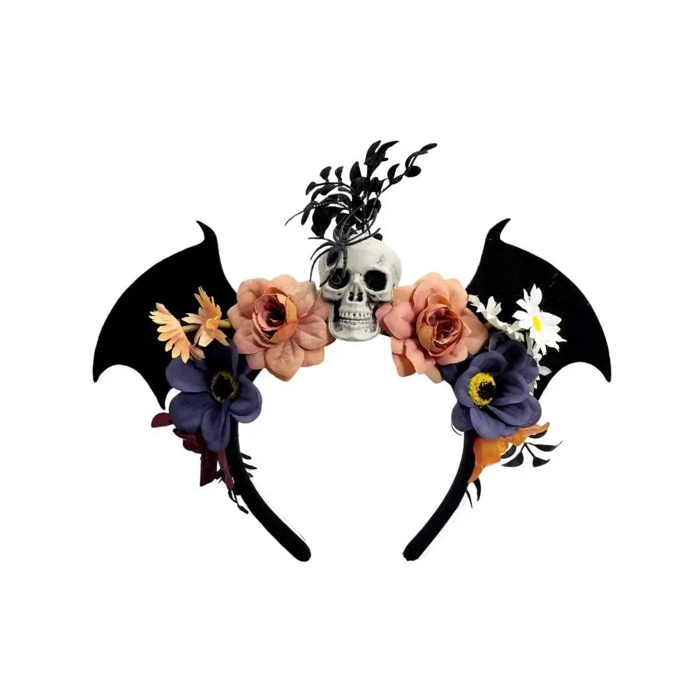 Dark Skull Head Headband Halloween Decor Bat Halloween Skull Headband Simulation Flowers Gothic Day of The Dead Headband Party