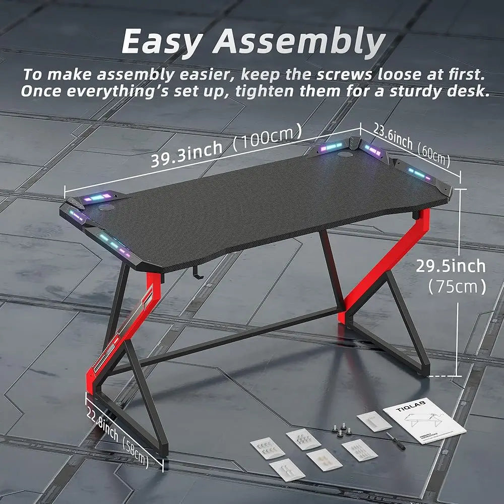 Gaming Desk With Led Lights, 40 H Computer Desk Z Shaped Gamer Workstation, Gaming Table With Carbon Fiber Surface, Pc Gamer