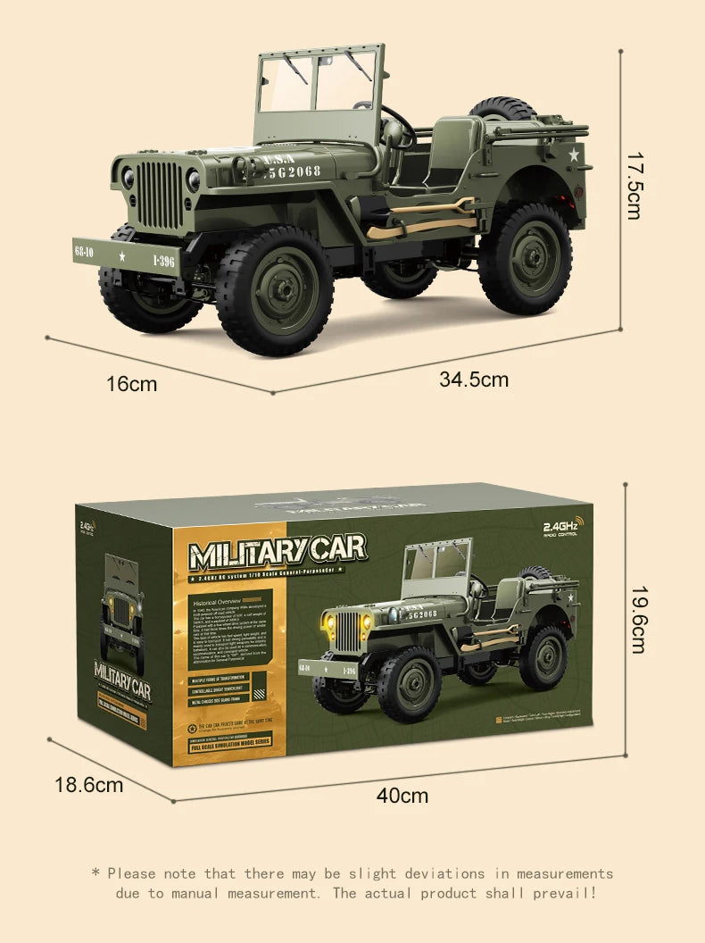 C8815 1/10 WILLYS 2.4G Rc Car 1941 4WD RTR Crawler Climbing Scale Military Truck Offroad Vehicle Adult Toys Gift For Kids