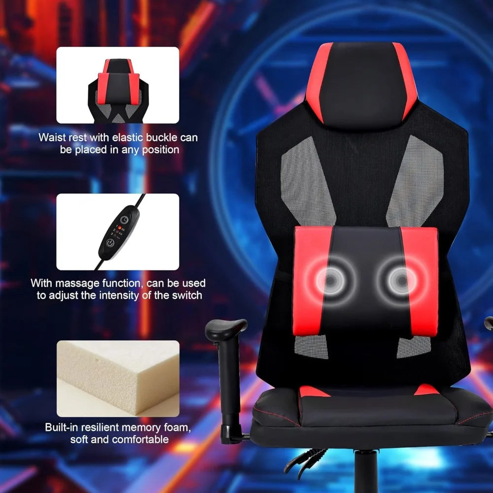 Gaming Chair with RGB LED Lights, Video Game Chair Ergonomic Computer Gamer Chair with Massage Lumbar Support (Red)