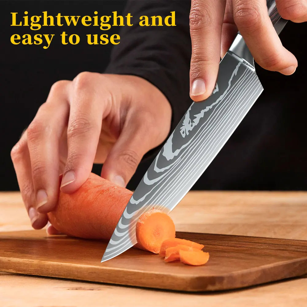 MDHAND 1-10PCS Chef knife Japanese Kitchen Knives Set Professional Laser Damascus Pattern Stainless Steel Cleaver Slicer Knife