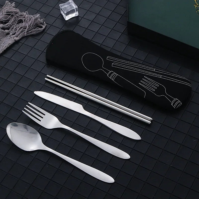 4Pcs Set Stainless Steel Dinnerware Portable Knifes Fork Spoon Family Camping Steak Cutlery Set Tableware with Bag Vajilla