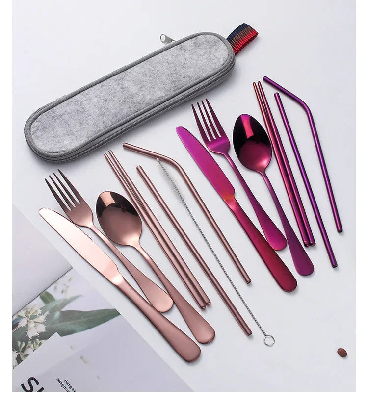 8 Pieces Cutlery Set, Stainless Steel Western Tableware, Classic Dinner Set, Knife, Fork, Straw, Restaurant Dining Dinnerware