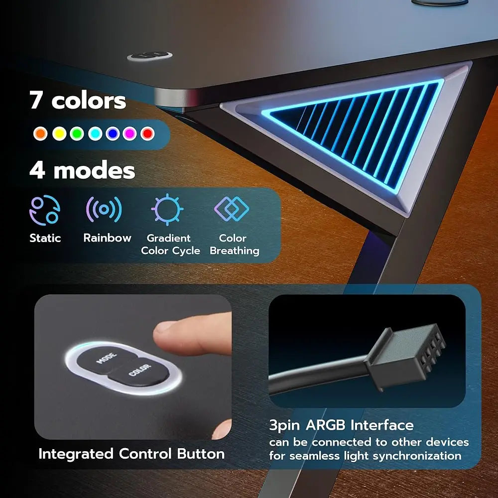 47 H Gaming Desk, Ergonomic Computer Desk With Led Light And Diy Control Cable, Gaming Table Carbon Fiber Surface For Home And