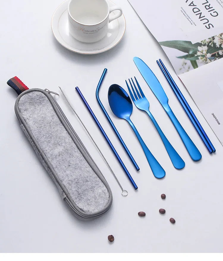8 Pieces Cutlery Set, Stainless Steel Western Tableware, Classic Dinner Set, Knife, Fork, Straw, Restaurant Dining Dinnerware