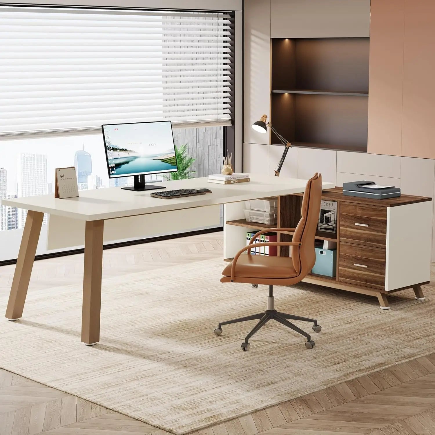 78.7-Inch Executive Desk, L-Shaped Desk with 55-Inch Cabinet, Large Office Desk with Storage Shelves, Modern Computer Desk for