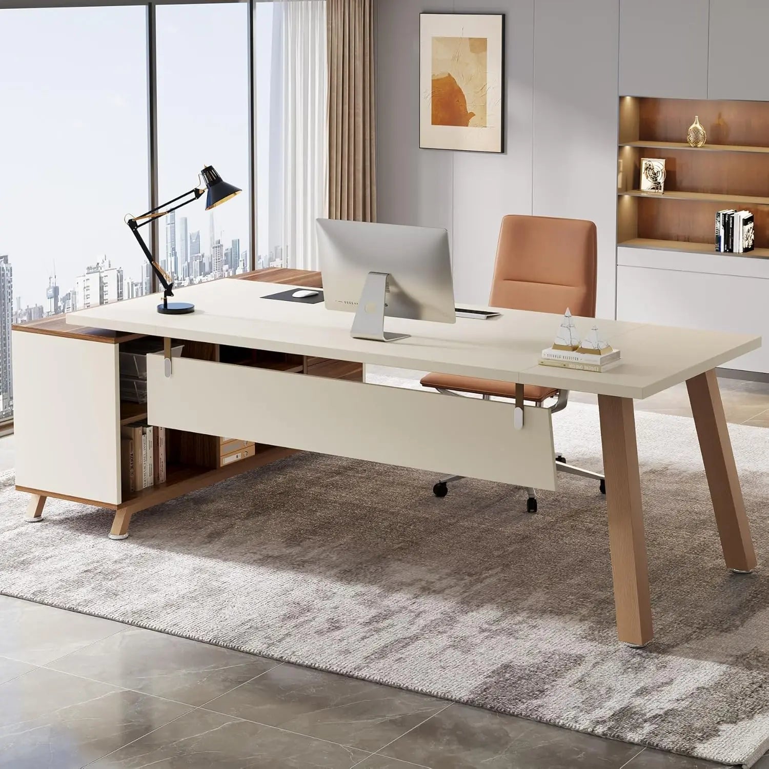 78.7-Inch Executive Desk, L-Shaped Desk with 55-Inch Cabinet, Large Office Desk with Storage Shelves, Modern Computer Desk for
