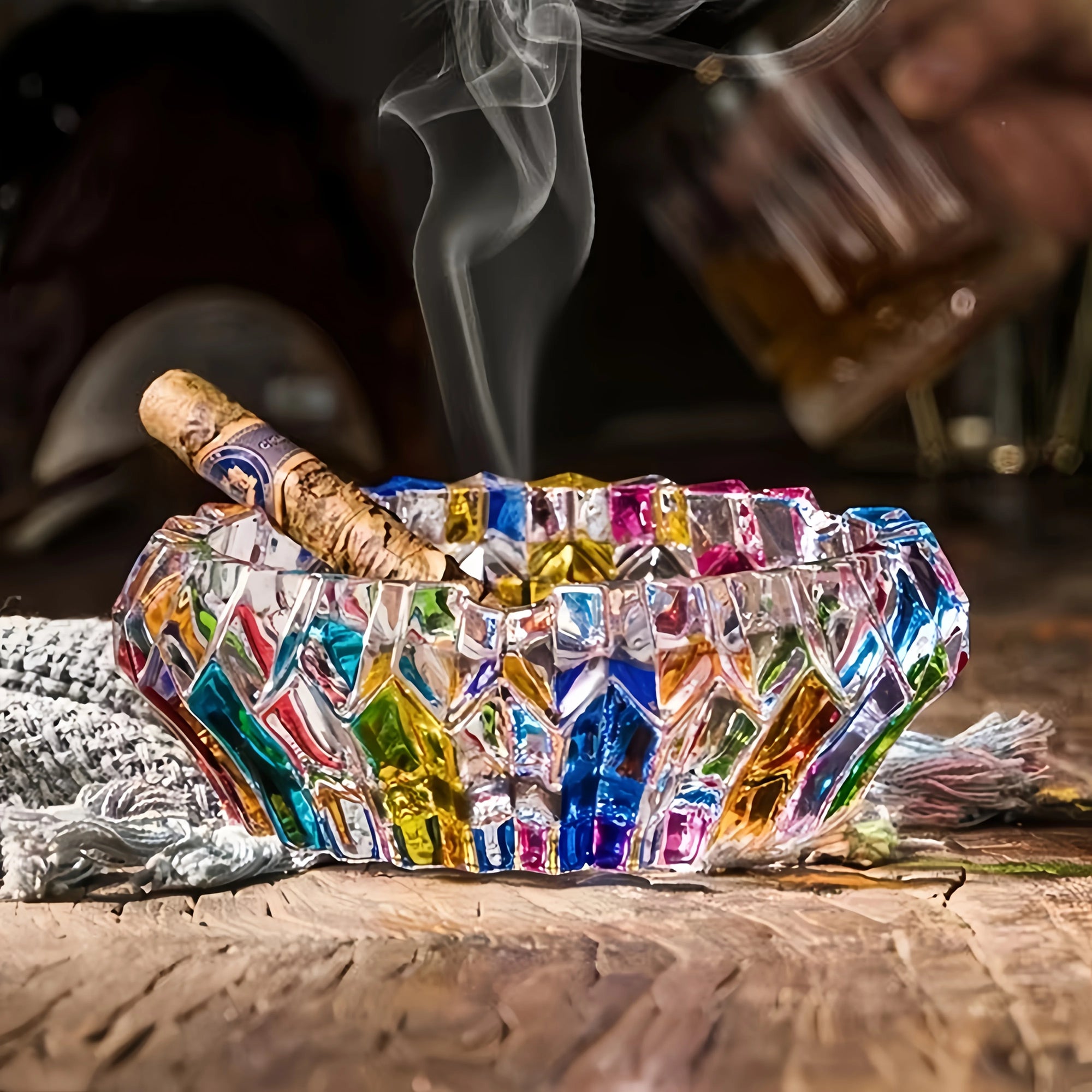 Elegant glass ashtray – perfect for home and office decoration, colorful round design, ideal for living rooms.