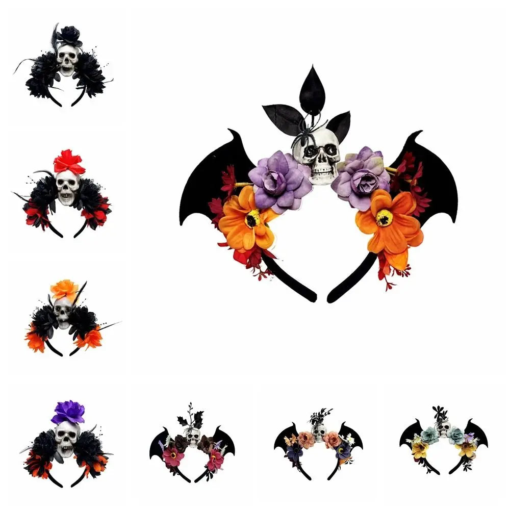 Dark Skull Head Headband Halloween Decor Bat Halloween Skull Headband Simulation Flowers Gothic Day of The Dead Headband Party