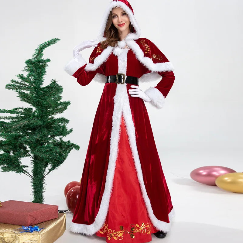 Deluxe Classic Mrs. Claus Christmas Costume Xmas Party Santa Claus Cosplay Women Red Dress Christmas Queen Carnival Party Dress