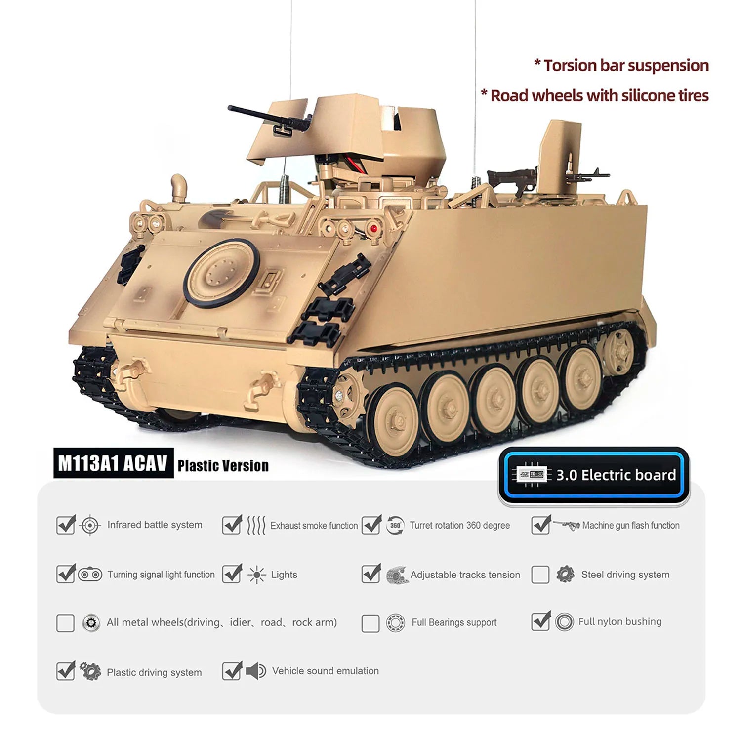 RTR Tongde 1/16 RC Tank M2412-B M113A1 ACAV Infrared 360 Turret Rotation Smoking Lamp Sound Radio Control Panzer Electric Model