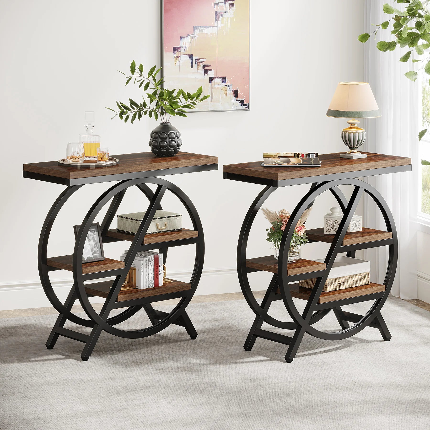Tribesigns End Table, Narrow End Table with 3 Storage Shelves, Wooden Side Table, Industrial Small Sofa Side Table