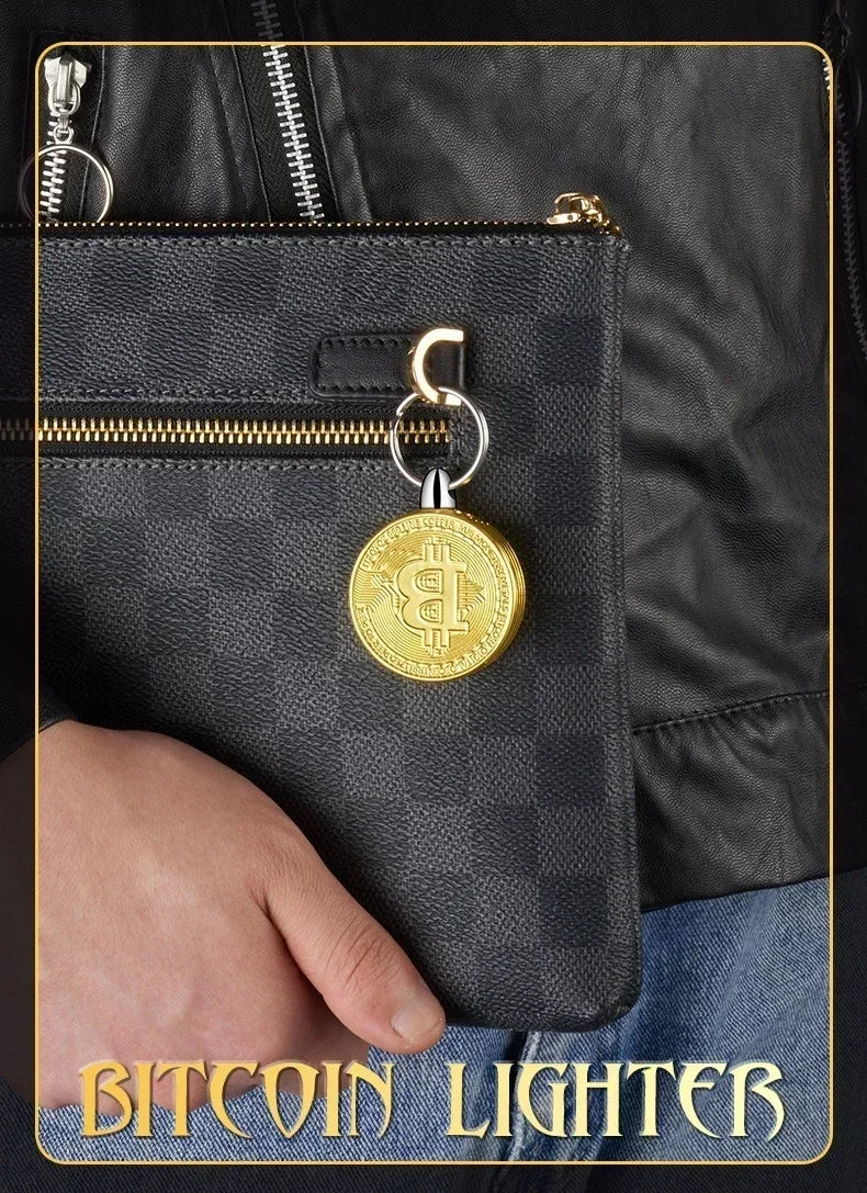 Bitcoin Torch Lighter Virtual Commemorative Coin Pendant Lighter Refillable Butane Gas Lighter Portable Cigarette Accessory