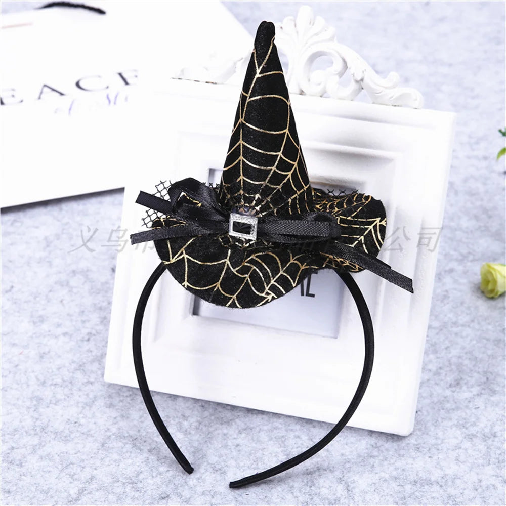 Mini Pointy Witch Hat Hairbands Spider Web Pumpkin Skull Shaped Hair Hoops For Kids Girls Halloween Headbands Cosplay Decoration