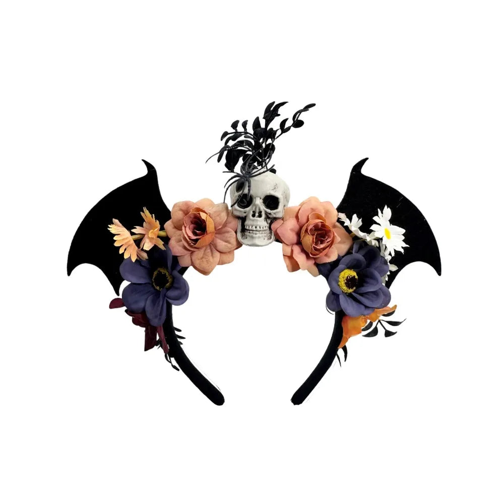 Dark Skull Head Headband Halloween Decor Bat Halloween Skull Headband Simulation Flowers Gothic Day of The Dead Headband Party