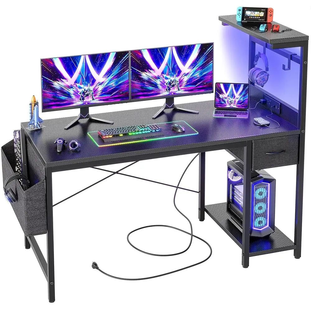 Gaming Desk 47 H With Power Outlet And Led Light, Computer Desk With Reversible Shelves And Storage Drawer, Small Pc Desk For