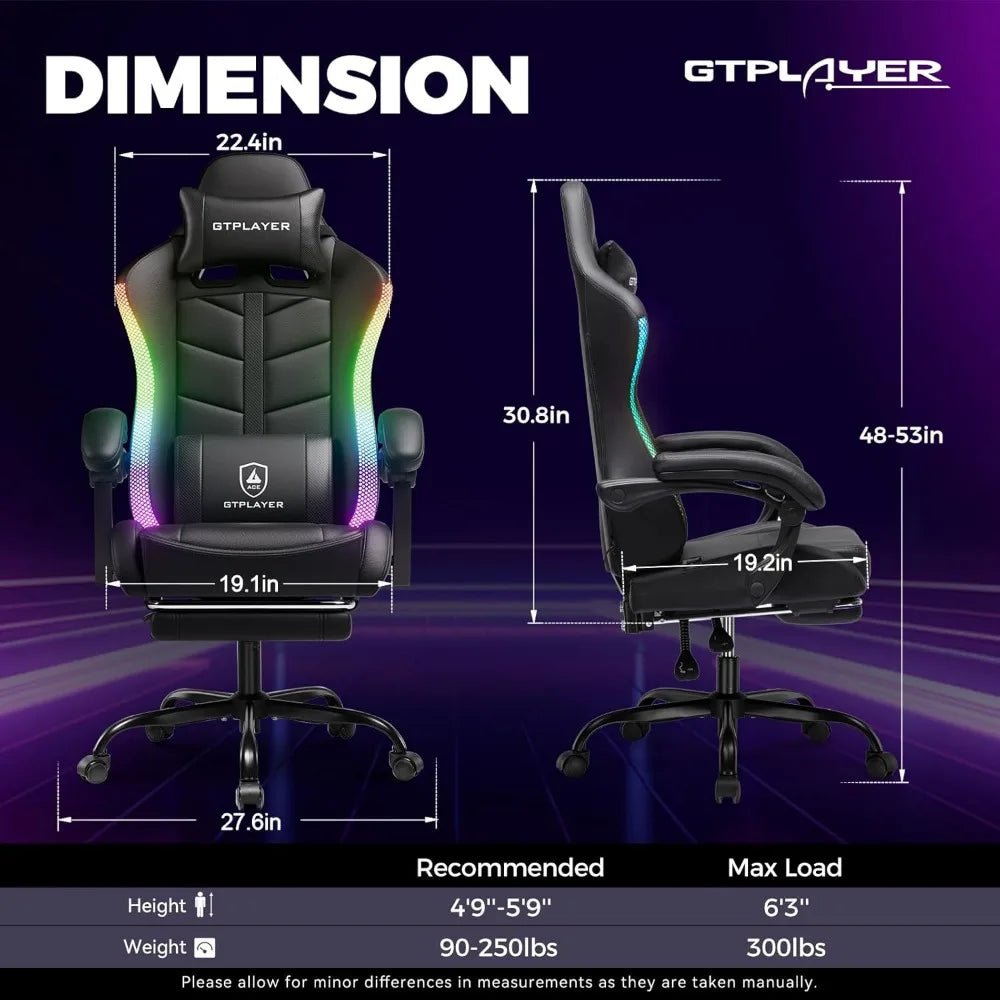 gtplayer rgb gaming chair with footrest, computer gaming chair with led lights for adults, height adjustable pc gamer chair with