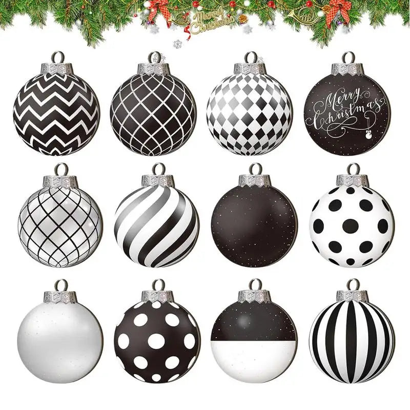 12pcs 8cm Christmas Balls Ornaments Funny Wooden Shatterproof Christmas Tree Decorations black white ball Christmas Decor