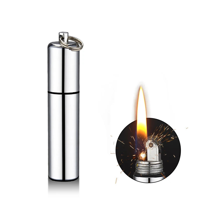 Small Mini Keychain Kerosene Lighter Portable Waterproof Cigarette Lighter Outdoor Survival Tools Sand Wheel Lighter