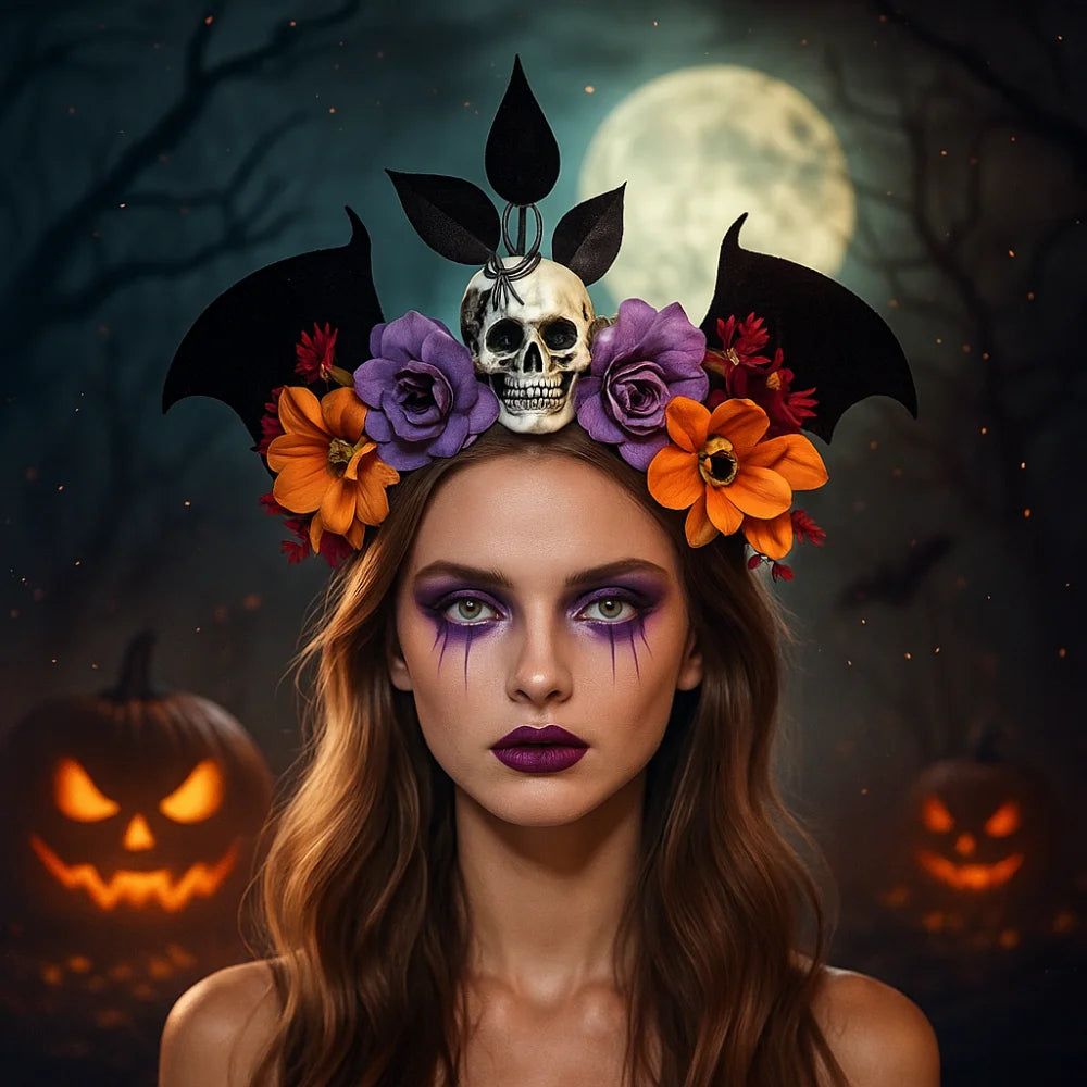 Dark Skull Head Headband Halloween Decor Bat Halloween Skull Headband Simulation Flowers Gothic Day of The Dead Headband Party