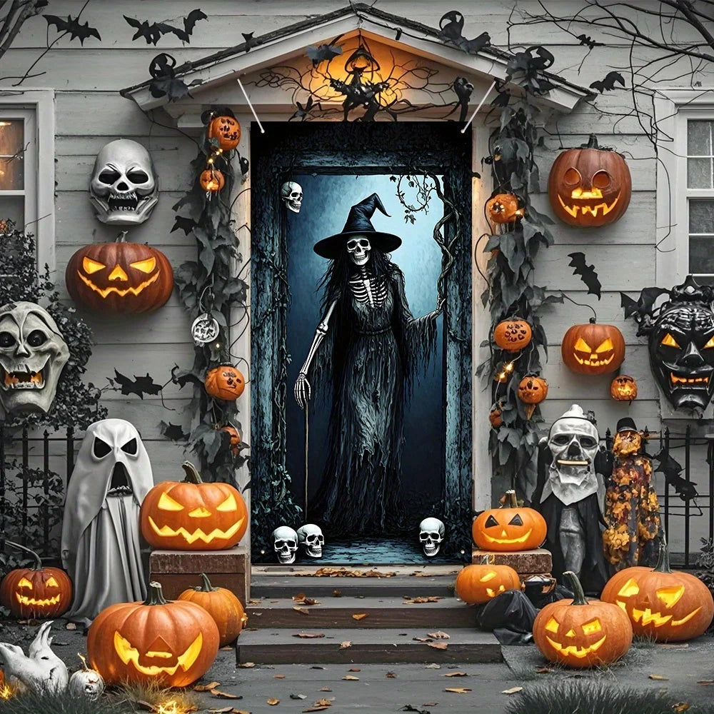 Halloween decoration party banner, terrifying skull Witch pattern polyester Halloween door hanging - Halloween party