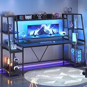 Gaming Desk 78.8'' with LED Lights, Hutch and Storage Shelves, Computer Desk with Monitor Stand, Large PC Gamer Desk Workstatio