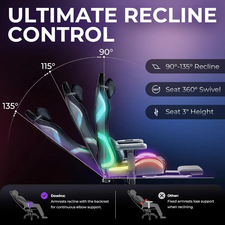 Gaming Chair with RGB LED Lights Ergonomic Game Chair with Footrest Massage Lumbar Support Computer Gamer Chair for Adults Teen
