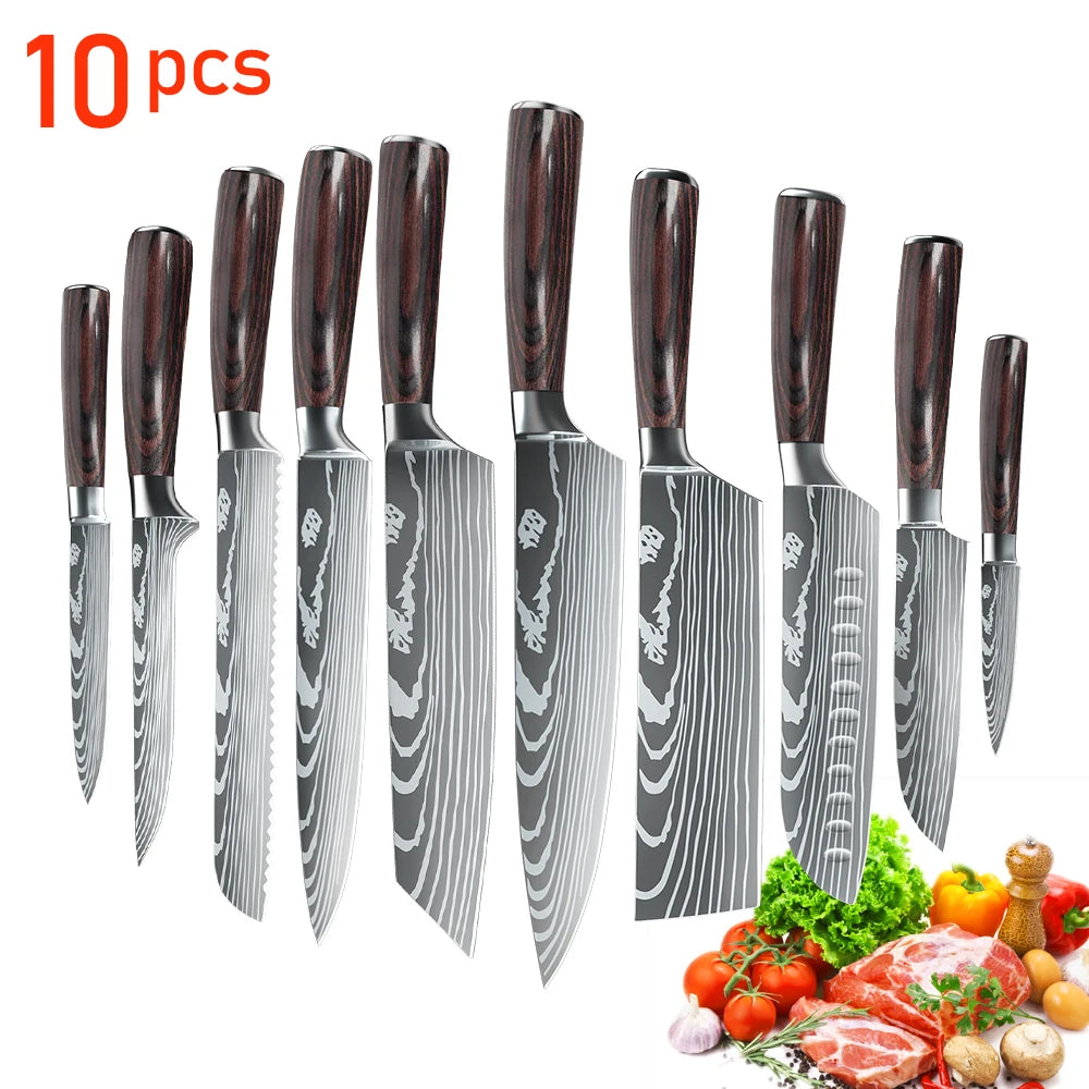 MDHAND 1-10PCS Chef knife Japanese Kitchen Knives Set Professional Laser Damascus Pattern Stainless Steel Cleaver Slicer Knife