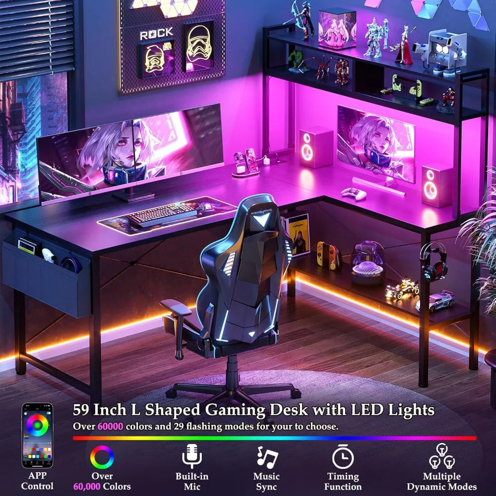 LED Lighted Power Outlet L-Shaped Gaming Desk, 59 Large Computer Desk for Home Office and Gamers with Reversible Design