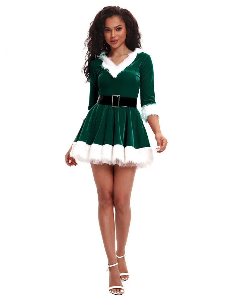 New Fashion Women Half Sleeve Solid Popular Ladies Santa Claus Xmas Theme Costume Cosplay Outfit Waistbelt Fancy Christmas Dress