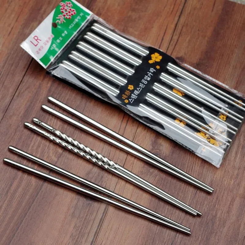 5 Pairs Stainless Steel Square Chopsticks Chinese Stylish Healthy Light Weight Chinese Chopsticks Metal Non-slip Design Kitchen