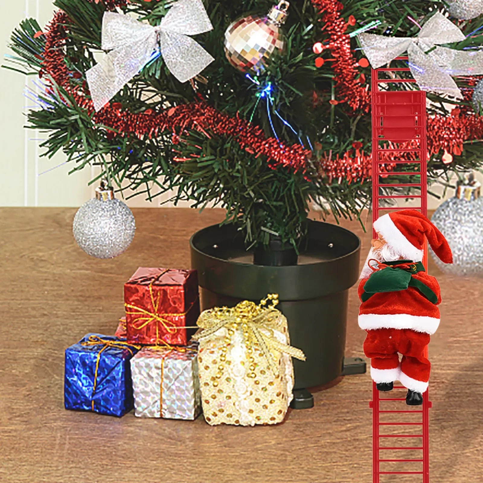 Electric Climbing Ladder Santa Claus with Music & LED Light, Xmas Tree Decorations Hanging Christmas Ornaments Tree Decor