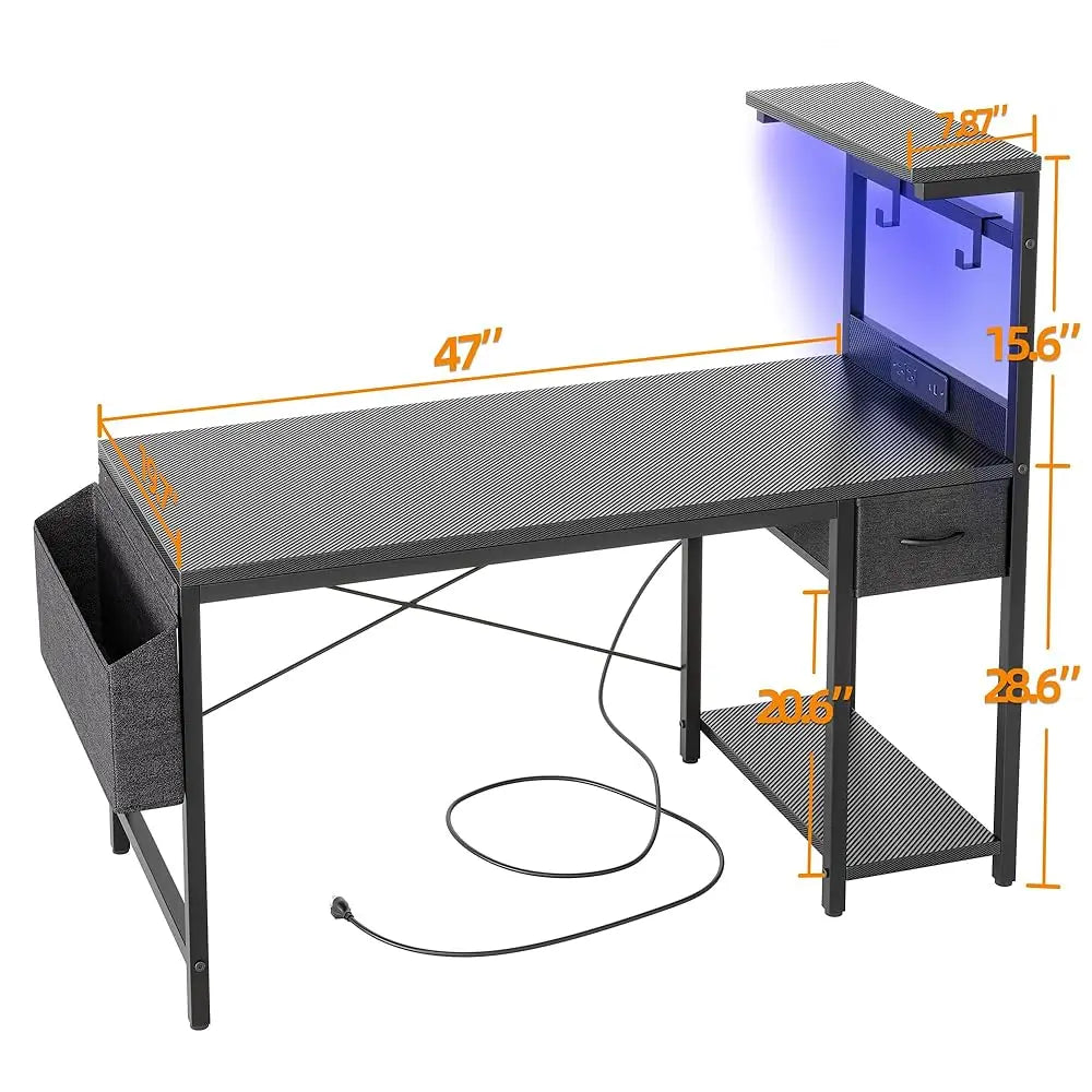 Gaming Desk 47 H With Power Outlet And Led Light, Computer Desk With Reversible Shelves And Storage Drawer, Small Pc Desk For